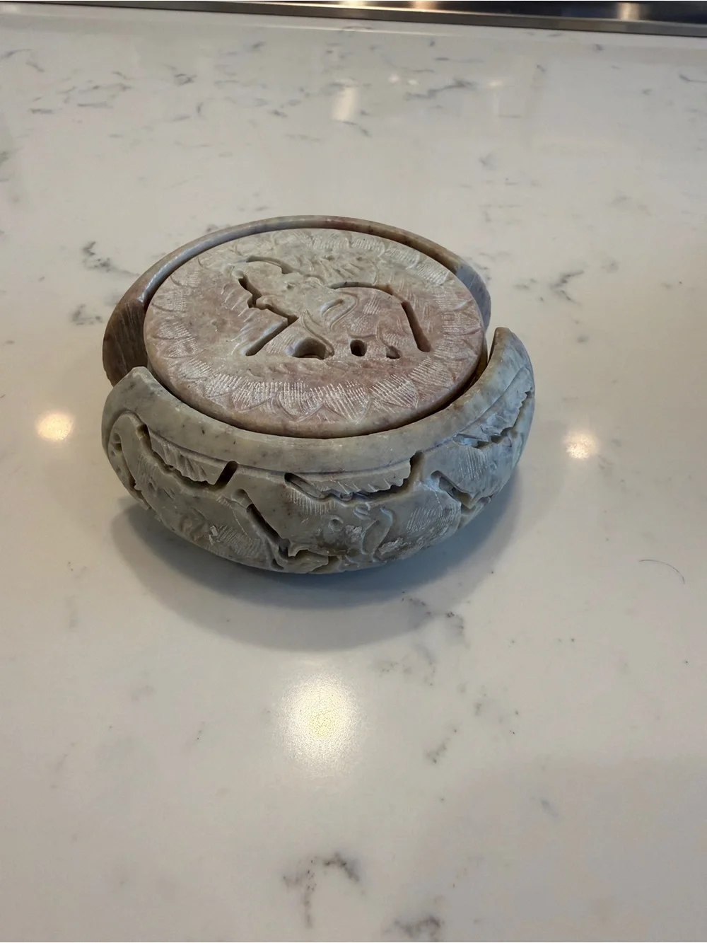 Hand-Carved 6 Soapstone Elephant Coaster Set with Holder Safari Wildlife Decor